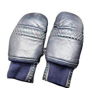 Vintage Grandoe Mens Mittens Size M Leather & Knit Navy Blue Gold Accents CM2093